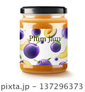 Glass jar with plum jam isolated on white background. Jar of marmalade from juicy blue plums. fresh fruits with leaves. Organic food. Label mockup for jam. Realistic 3d vector illustration 137296373