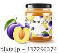 Glass jar with plum jam isolated on white background. Jar of marmalade from juicy blue plums. fresh fruits with leaves. Organic food. Label mockup for jam. Realistic 3d vector illustration 137296374