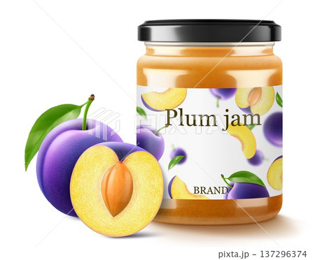 Glass jar with plum jam isolated on white background. Jar of marmalade from juicy blue plums. fresh fruits with leaves. Organic food. Label mockup for jam. Realistic 3d vector illustration 137296374