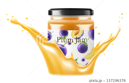 Jar with plum jam in a splash of plum juice. isolated on white background. Homemade plum jam or compote in a glass jar. Realistic 3d vector illustration. Mockup for your brand. Jar with plum jam in a splash of plum juice. isolated on white background. Homemade plum jam or compote in a glass jar. Realistic 3d vector illustration. Mockup for your brand. 137296376