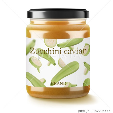 Pickled zucchini caviar in a glass jar isolated on white background. Homemade canned food. Realistic 3d vector illustration. Tasty and healthy vegetable preserves. Mockup of a jar Pickled zucchini caviar in a glass jar isolated on white background. Homemade canned food. Realistic 3d vector illustration. Tasty and healthy vegetable preserves. Mockup of a jar 137296377