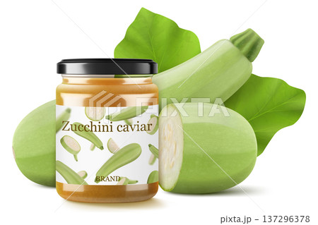 Pickled zucchini caviar in a glass jar isolated on white background. Homemade canned food. Realistic 3d vector illustration. Tasty and healthy vegetable preserves. Mockup of a jar 137296378