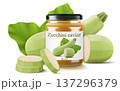 Pickled zucchini caviar in a glass jar isolated on white background. Homemade canned food. Realistic 3d vector illustration. Tasty and healthy vegetable preserves. Mockup of a jar 137296379