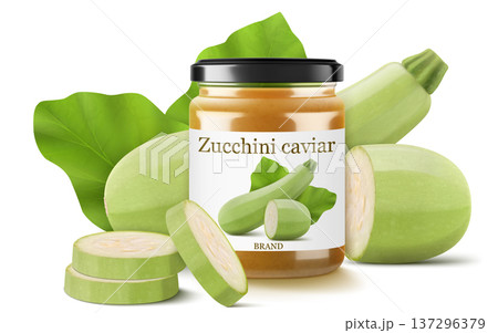 Pickled zucchini caviar in a glass jar isolated on white background. Homemade canned food. Realistic 3d vector illustration. Tasty and healthy vegetable preserves. Mockup of a jar 137296379
