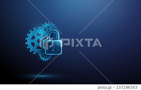 3d blue gears with padlock. System security, operational control, access protection, workflow safeguarding, process monitoring, secure mechanism management concept. 137296383