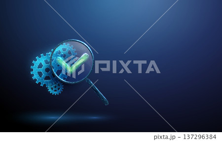 3d gears under magnifying glass cwith green check mark. Process optimization, system performance validation, quality control inspection, workflow monitoring concept. 3d gears under magnifying glass cwith green check mark. Process optimization, system performance validation, quality control inspection, workflow monitoring concept. 137296384