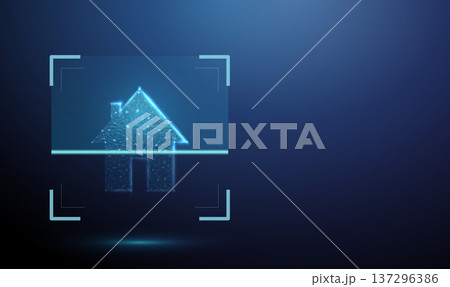 Home icon inside digital scanning frame. Property verification, real estate analysis, housing inspection, smart home monitoring, building assessment concept 137296386