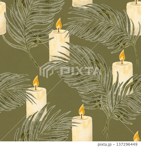 Palm leaf candle seamless pattern on olive background, hand-painted watercolor, calm religious composition for Palm Sunday, Easter designs, spiritual branding, packaging, backgrounds art. Olive ivory  137296449