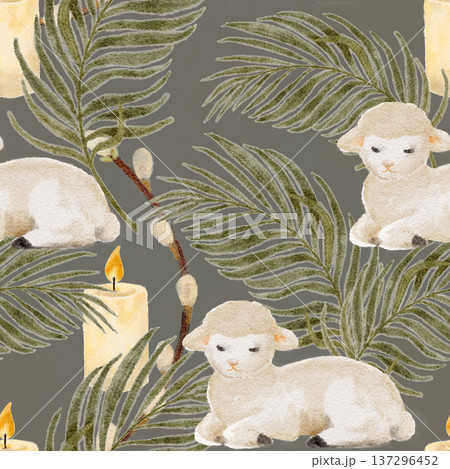 Watercolor seamless pattern with lambs, palm leaves, pussy willow branches, candles on muted green background, hand-painted in natural tones, Christian Easter and Palm Sunday design for fabric decor Watercolor seamless pattern with lambs, palm leaves, pussy willow branches, candles on muted green background, hand-painted in natural tones, Christian Easter and Palm Sunday design for fabric decor 137296452