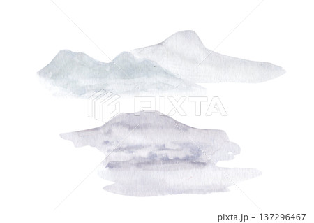 Soft watercolor mountain shapes in airy muted tones, minimalist landscape silhouettes isolated on white. Calm abstract scenery ideal for modern posters, branding, packaging and serene design layouts 137296467