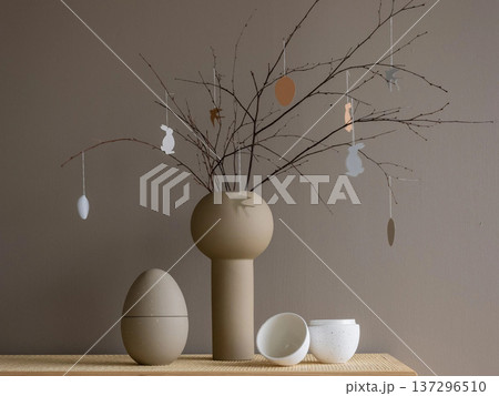 Easter Interior Composition with Bare Tree Branches in Pot Easter Interior Composition with Bare Tree Branches in Pot 137296510