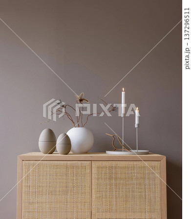 Easter Interior Composition with Bare Tree Branches in Pot 137296511