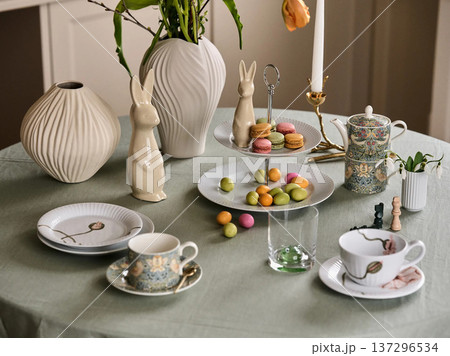 Macaron Cookies and Easter Rabbit on Festive Tea Table Macaron Cookies and Easter Rabbit on Festive Tea Table 137296534