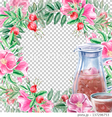A square frame with rosehip tea in a jug against a background of flowers. Isolated watercolor illustration for designs related to natural ingredients, health, herbal medicine, and wedding typography 137296753
