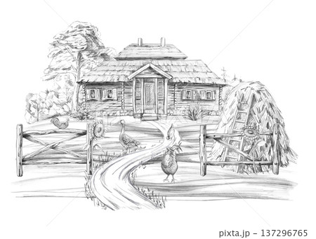A wooden house surrounded by a fence, a haystack, a sunflower, and poultry. This isolated pencil illustration is suitable for farming and design themes emphasizing coziness and naturalness. A wooden house surrounded by a fence, a haystack, a sunflower, and poultry. This isolated pencil illustration is suitable for farming and design themes emphasizing coziness and naturalness. 137296765