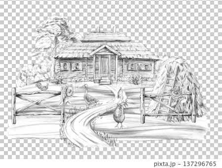 A wooden house surrounded by a fence, a haystack, a sunflower, and poultry. This isolated pencil illustration is suitable for farming and design themes emphasizing coziness and naturalness. A wooden house surrounded by a fence, a haystack, a sunflower, and poultry. This isolated pencil illustration is suitable for farming and design themes emphasizing coziness and naturalness. 137296765