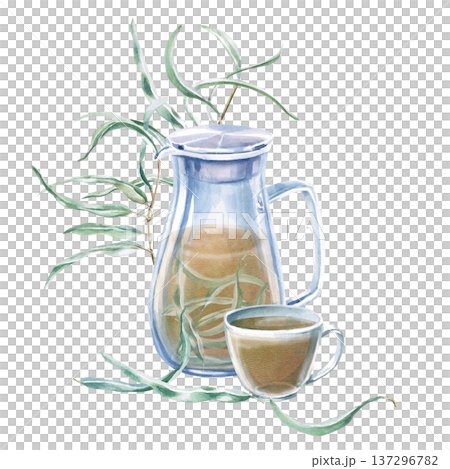 Watercolor illustration of a teapot and cup with eucalyptus tea and branches. Isolated illustration for thematic designs: healthy eating, aromatherapy, spa, cosmetics, natural medicine, herbal cafes. 137296782
