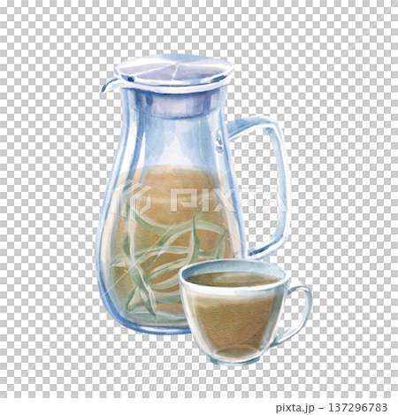 Watercolor illustration of a teapot and cup of eucalyptus tea. Isolated illustration for thematic designs: healthy eating, aromatherapy, spa, cosmetics, natural medicine, herbal cafes. Watercolor illustration of a teapot and cup of eucalyptus tea. Isolated illustration for thematic designs: healthy eating, aromatherapy, spa, cosmetics, natural medicine, herbal cafes. 137296783