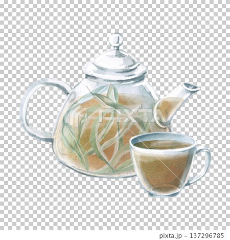 Watercolor illustration of a teapot and cup of eucalyptus tea. Isolated illustration for thematic designs: healthy eating, aromatherapy, spa, cosmetics, natural medicine, herbal cafes. Watercolor illustration of a teapot and cup of eucalyptus tea. Isolated illustration for thematic designs: healthy eating, aromatherapy, spa, cosmetics, natural medicine, herbal cafes. 137296785