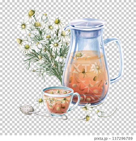 A watercolor illustration of chamomile tea in a teapot and cup, a bouquet, and a tea spoon. Perfect for designs related to natural beverages, spas, healthy living, restaurants, cafes, and eco-themes. A watercolor illustration of chamomile tea in a teapot and cup, a bouquet, and a tea spoon. Perfect for designs related to natural beverages, spas, healthy living, restaurants, cafes, and eco-themes. 137296789
