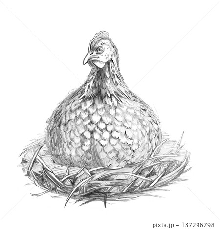 A hen sitting in a nest with detailed feathers. This isolated pencil illustration is perfect for farms, children's publications, themed blogs, postcards, and souvenirs. 137296798