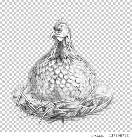A hen sitting in a nest with detailed feathers. This isolated pencil illustration is perfect for farms, children's publications, themed blogs, postcards, and souvenirs. 137296798
