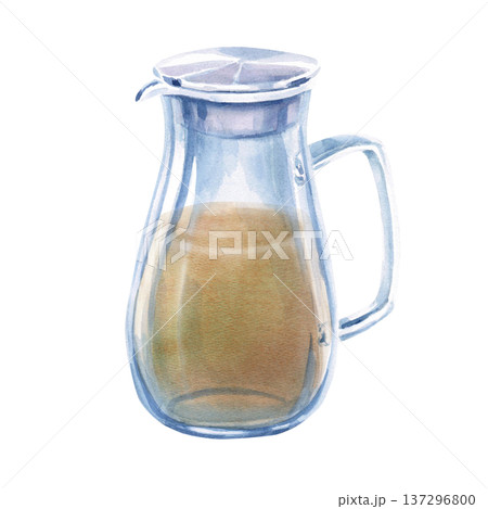 Watercolor illustration of a teapot with herbal tea. Isolated illustration for thematic designs: healthy eating, aromatherapy, spa, cosmetics, natural medicine, herbal cafes. 137296800