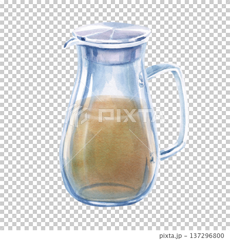 Watercolor illustration of a teapot with herbal tea. Isolated illustration for thematic designs: healthy eating, aromatherapy, spa, cosmetics, natural medicine, herbal cafes. 137296800