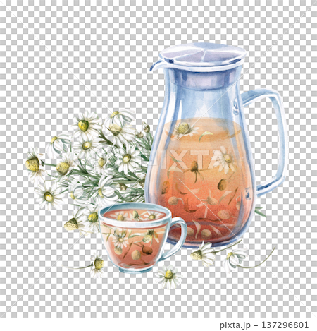 A watercolor illustration of chamomile tea in a pitcher and cup, adorned with fresh flowers. Perfect for designs related to natural beverages, spas, healthy living, restaurants, cafes, and eco-themes. 137296801