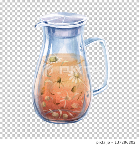 A watercolor illustration of chamomile tea and chamomile flowers in a jug. Perfect for designs related to natural beverages, spas, healthy lifestyles, restaurants, cafes, and eco-themes. A watercolor illustration of chamomile tea and chamomile flowers in a jug. Perfect for designs related to natural beverages, spas, healthy lifestyles, restaurants, cafes, and eco-themes. 137296802