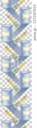 Vertical seamless border with cans of paint, brushes and stripes of blue paint on an isolated background. Watercolor illustration with working tools. Realistic drawing for the design of repair shops Vertical seamless border with cans of paint, brushes and stripes of blue paint on an isolated background. Watercolor illustration with working tools. Realistic drawing for the design of repair shops 137297023