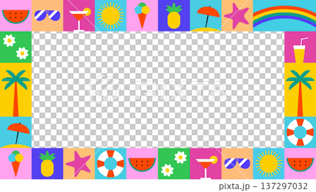 Big frame with summer geometric, minimalist, beach and tropical icons, simple shapes. A shapely abstract background with symbols of summer and summer holidays. Frame with alpha channel. Big frame with summer geometric, minimalist, beach and tropical icons, simple shapes. A shapely abstract background with symbols of summer and summer holidays. Frame with alpha channel. 137297032