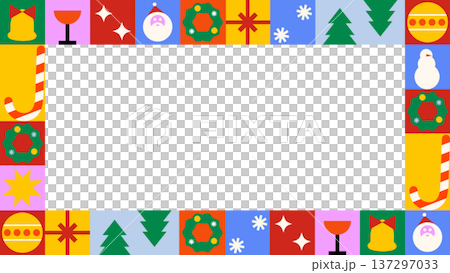 Big frame with Christmas geometric, minimalist, holiday icons, simple shapes. A shapely abstract background for Christmas and New Year holidays. Frame with alpha channel. 137297033