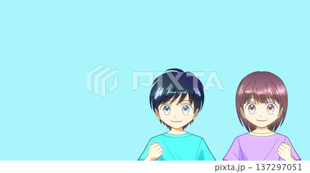 夏服を着て前向きな表情でガッツポーズをする男の子と女の子のアニメ風イラスト 137297051