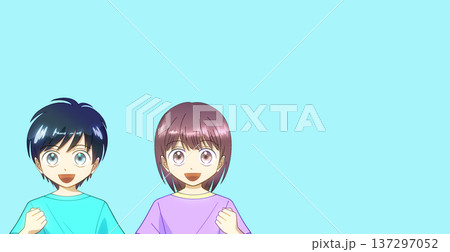 夏服を着て笑顔でガッツポーズをする男の子と女の子のアニメ風イラスト 夏服を着て笑顔でガッツポーズをする男の子と女の子のアニメ風イラスト 137297052