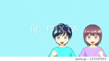 夏服を着て笑顔でガッツポーズをする男の子と女の子のアニメ風イラスト 137297053