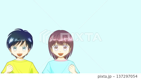 夏服を着て笑顔でガッツポーズをする男の子と女の子のアニメ風イラスト 夏服を着て笑顔でガッツポーズをする男の子と女の子のアニメ風イラスト 137297054
