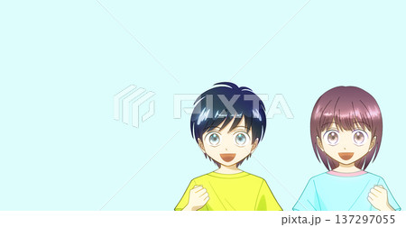 夏服を着て笑顔でガッツポーズをする男の子と女の子のアニメ風イラスト 137297055