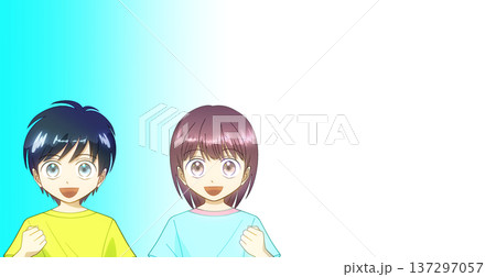 夏服を着て笑顔でガッツポーズをする男の子と女の子のアニメ風イラスト、グラデーション背景 137297057