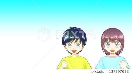 夏服を着て笑顔でガッツポーズをする男の子と女の子のアニメ風イラスト、グラデーション背景 137297058