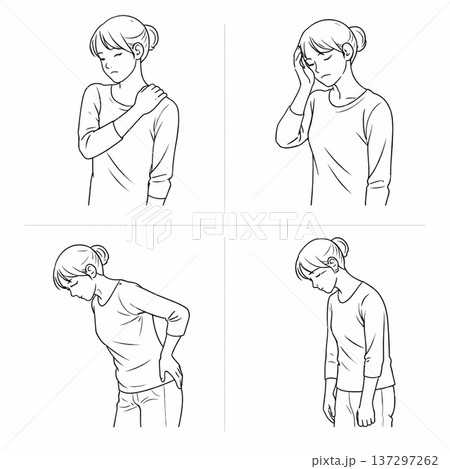 慢性疲労、頭痛、腰痛、肩こりに悩む女性のイラスト｜シンプル線画 137297262