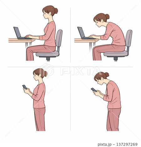 ライフスタイル　良い姿勢と猫悪い姿勢の比較イラスト　Generative AI 137297269