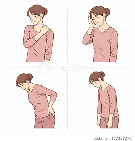 肩こりや頭痛、腰痛、疲れやすさの症状を表す女性イラスト 137297270