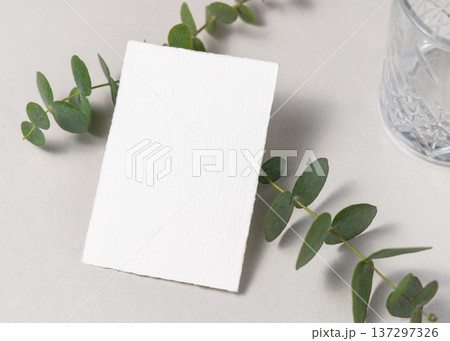 Mockup of blank card near green eucalyptus branche sand crystal glasses. Presentation template Mockup of blank card near green eucalyptus branche sand crystal glasses. Presentation template 137297326