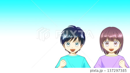 夏服を着て笑顔でガッツポーズをする男の子と女の子のアニメ風イラスト、グラデーション背景 137297385