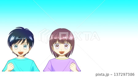夏服を着て笑顔でガッツポーズをする男の子と女の子のアニメ風イラスト、グラデーション背景 137297386