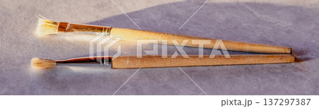 Natural bristle brushes with wooden handles on a table with natural light, inspiring creativity and art 137297387