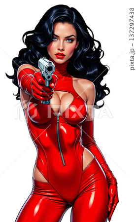 The image is a digital illustration of a girl with dark hair in a red, skin-tight latex suit, aiming a gun 137297438