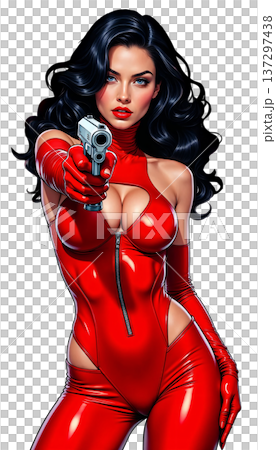 The image is a digital illustration of a girl with dark hair in a red, skin-tight latex suit, aiming a gun 137297438