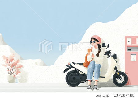 サービスエリアでバイクと休憩する女性ライダー｜ツーリング途中のリラックスタイム 137297499